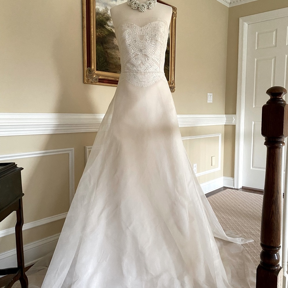 Angel Sanchez Strapless Ivory/Champagne Beaded A-Line Wedding Gown